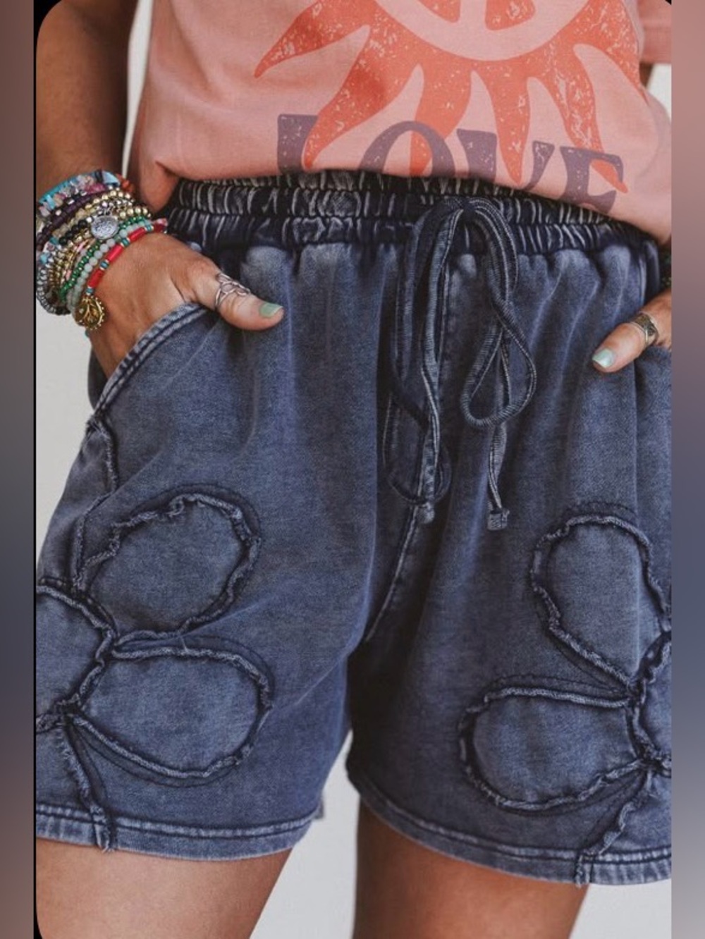 Easel Clothing Washed Black Daisy Patchwork Shorts